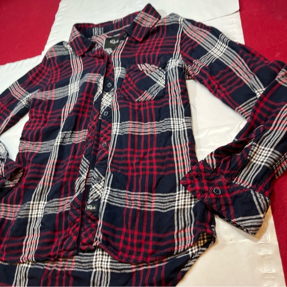 Rails RED BLUE White PLAID button up SHIRT Womens Long Sleeved collared RAYON S - Picture 12 of 15